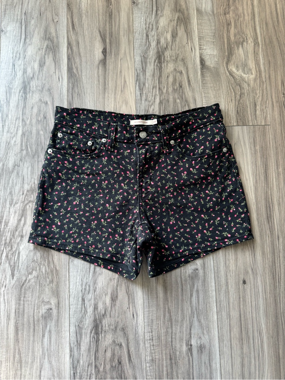 Levi's Black Denim Shorts with Rosebud Floral Print